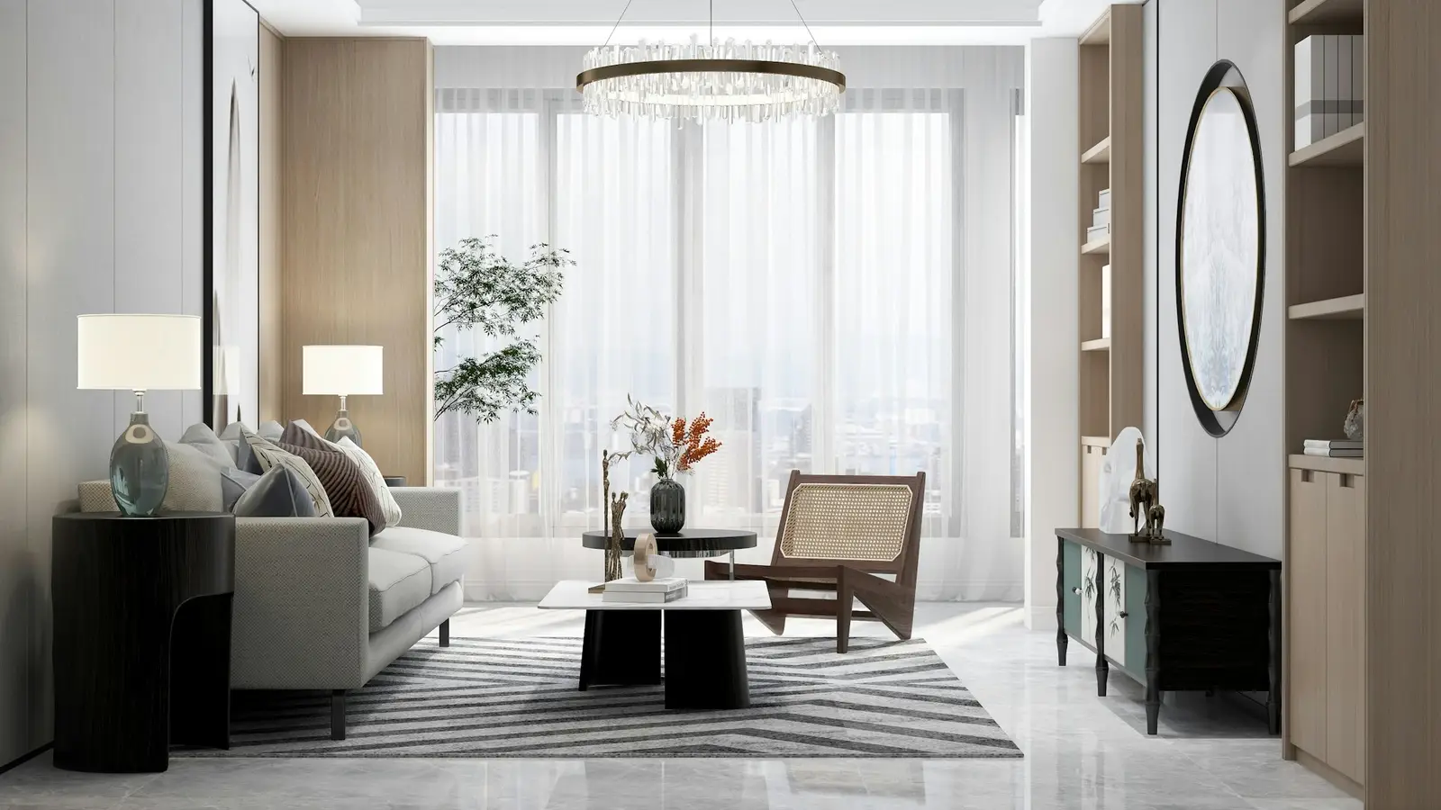 Avizeli, geniş perdeli, ahşap detaylı salon